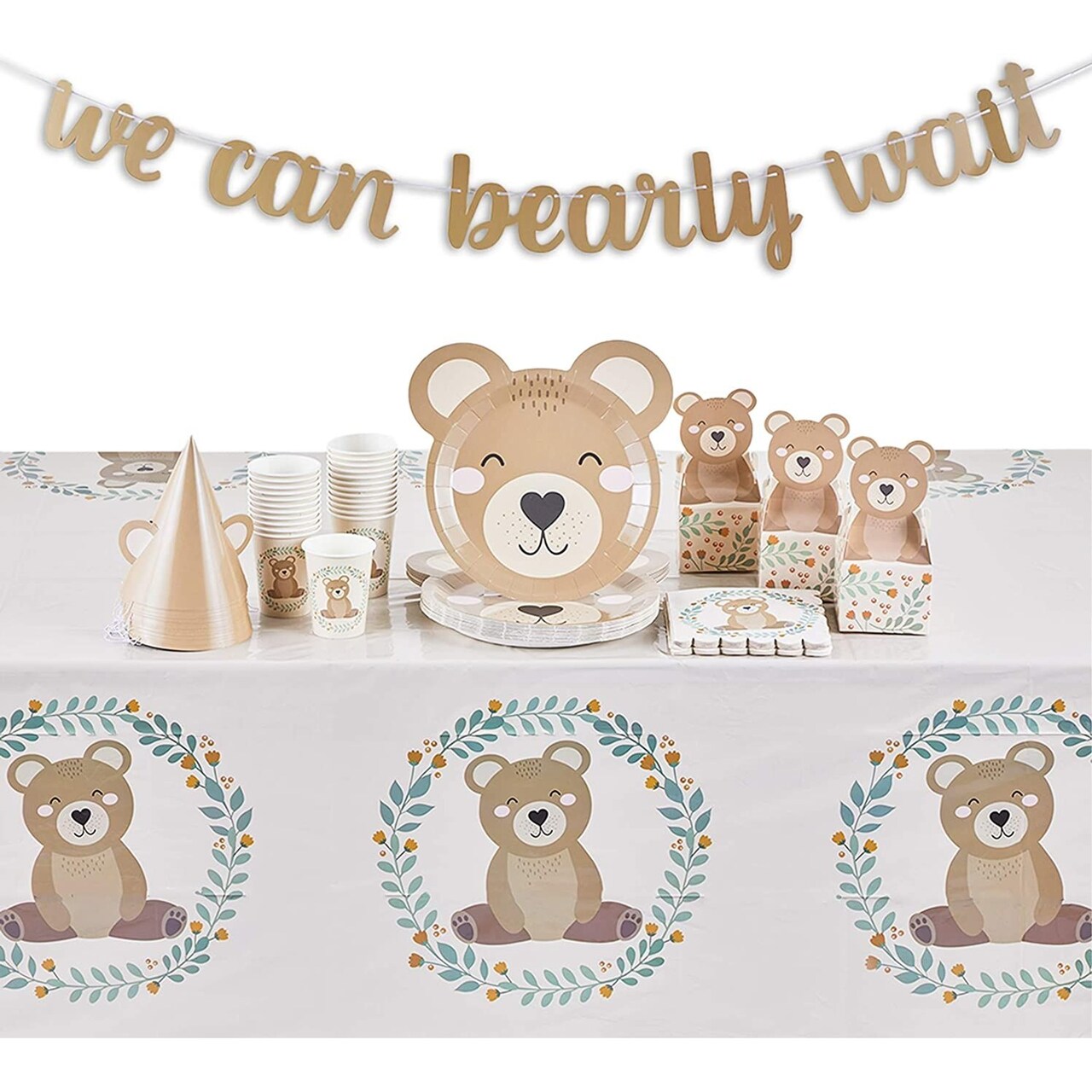 Serves 24 Teddy Bear Themed Baby Shower Party Supplies with Hat, Banner, Tablecloth, Treat Boxes, Paper Plates, Napkins, Cups
